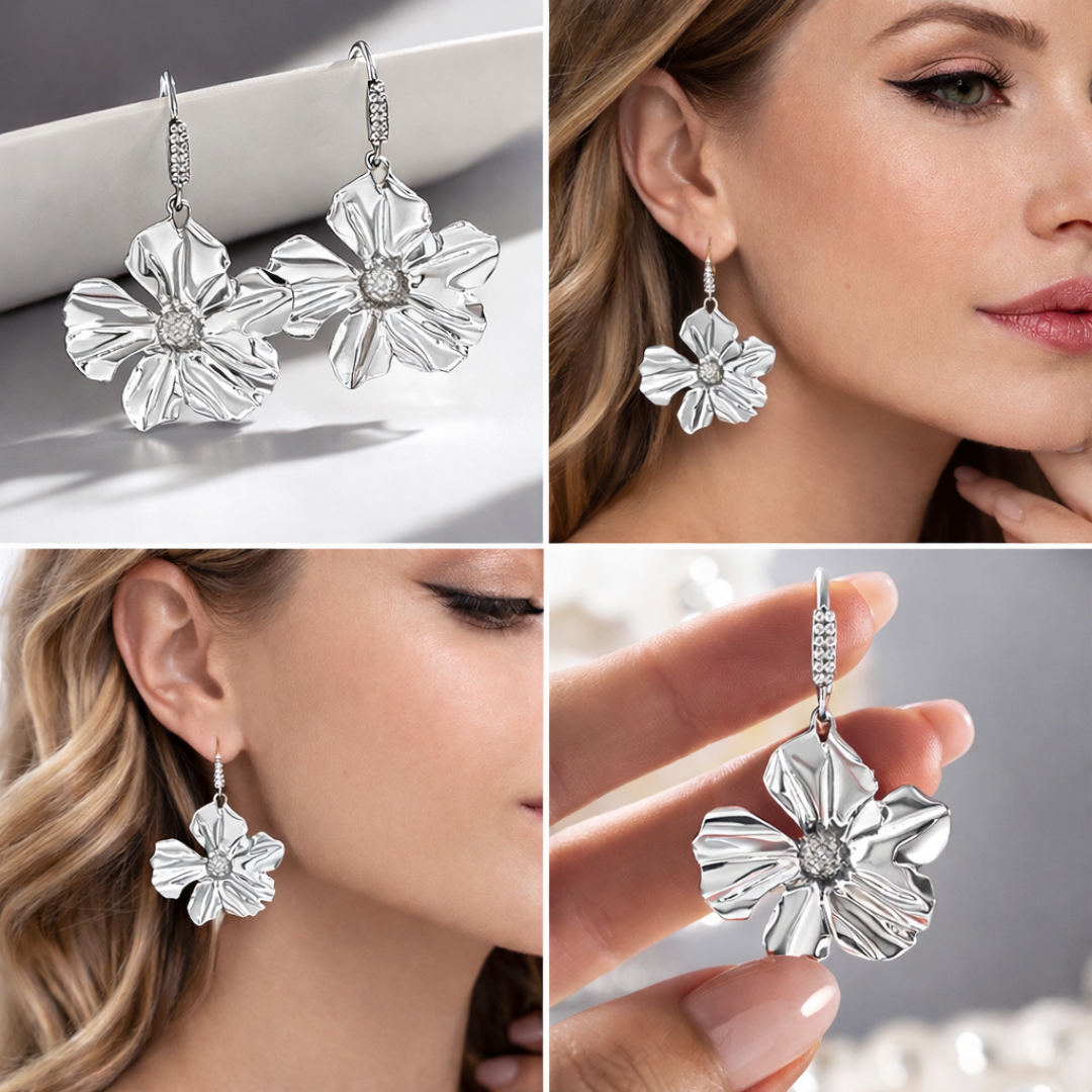 Pendientes Flor Dalia maxi flor con brillo central en modelo