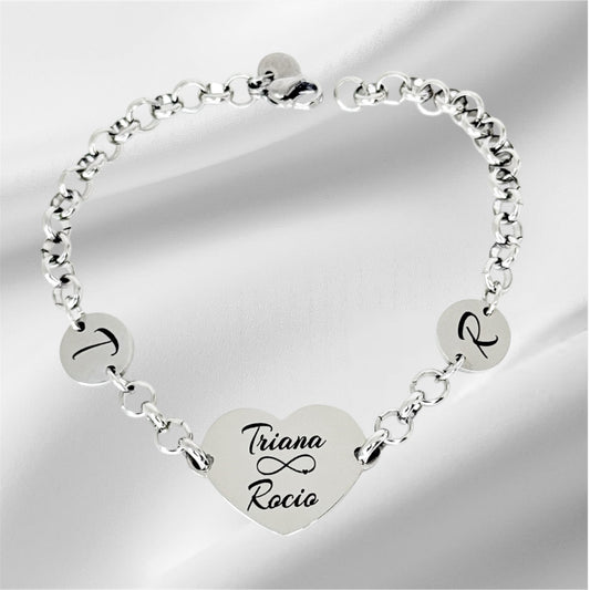 Pulsera de acero personalizada con corazón y nombres grabados Sfinge Joyas