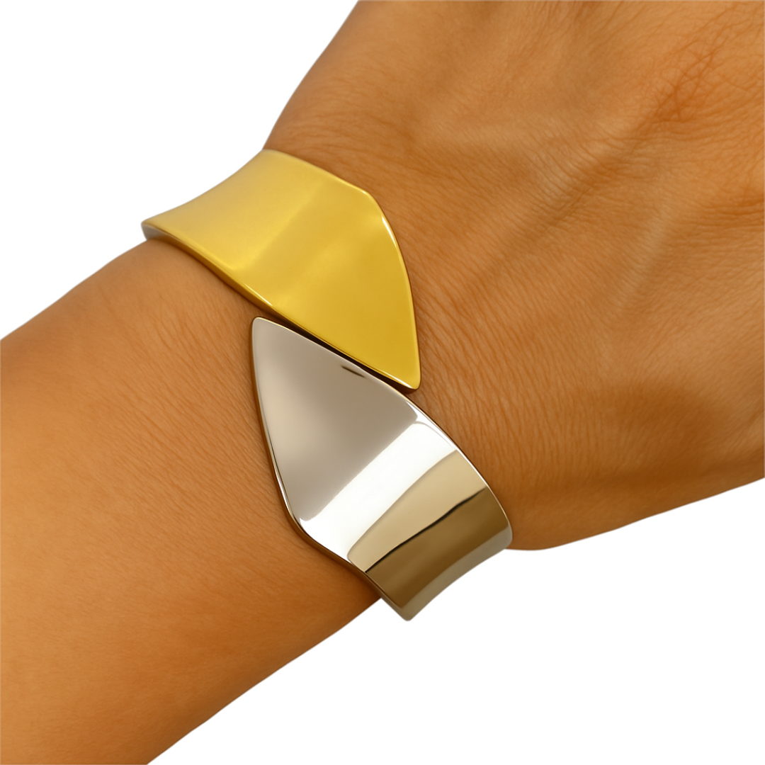 Brazalete Sfinge bicolor acero inoxidable – diseño moderno plateado y dorado