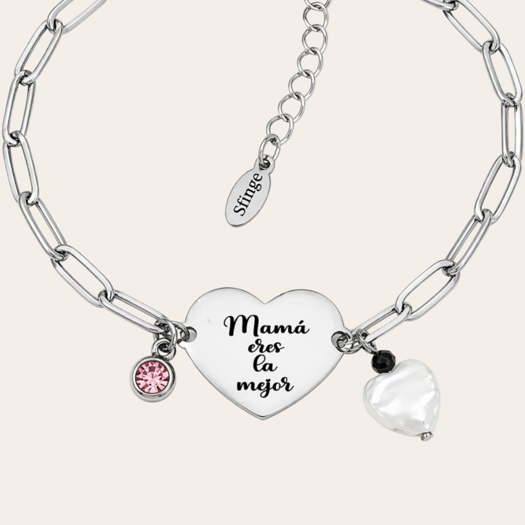 Pulsera Mamá eres la mejor con corazón de nácar y circonita rosa personalizable de acero inoxidable