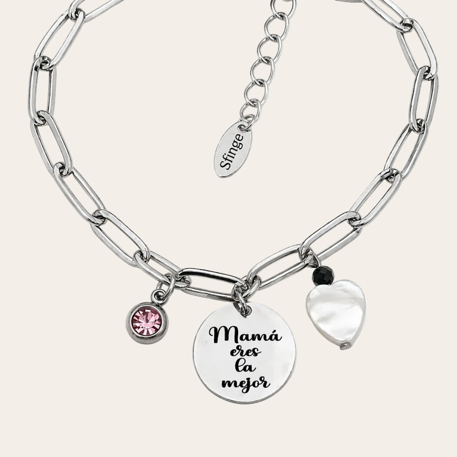  Pul sera Mamá eres la mejor medalla redonda con nácar y circonita rosa personalizable de acero inoxidable
