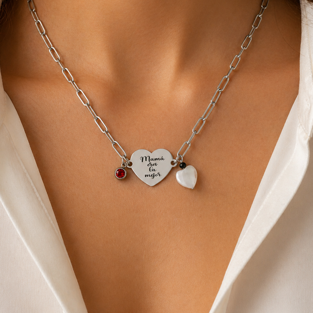 Collar Día de la Madre Mamá eres la mejor con corazón de nácar y circonita roja