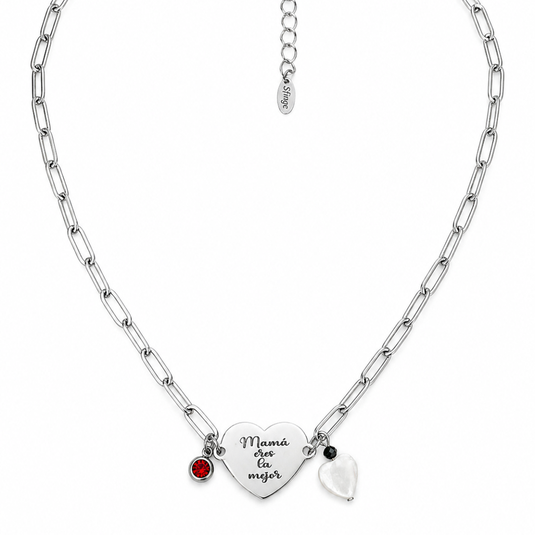 Gargantilla grabada Mamá eres la mejor con chapa corazón y detalle nácar