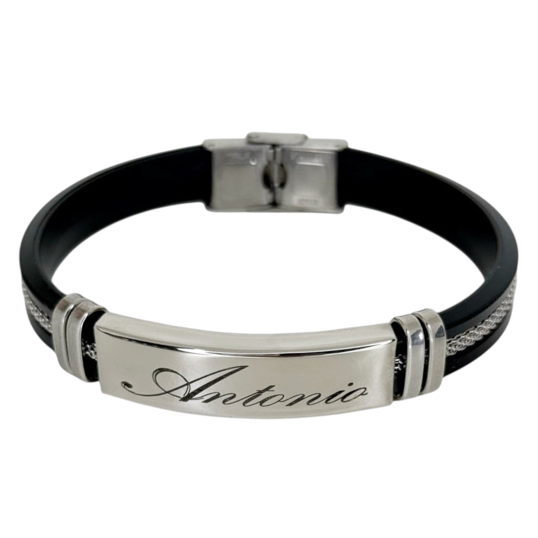 Pulsera de acero y caucho grabada con nombre