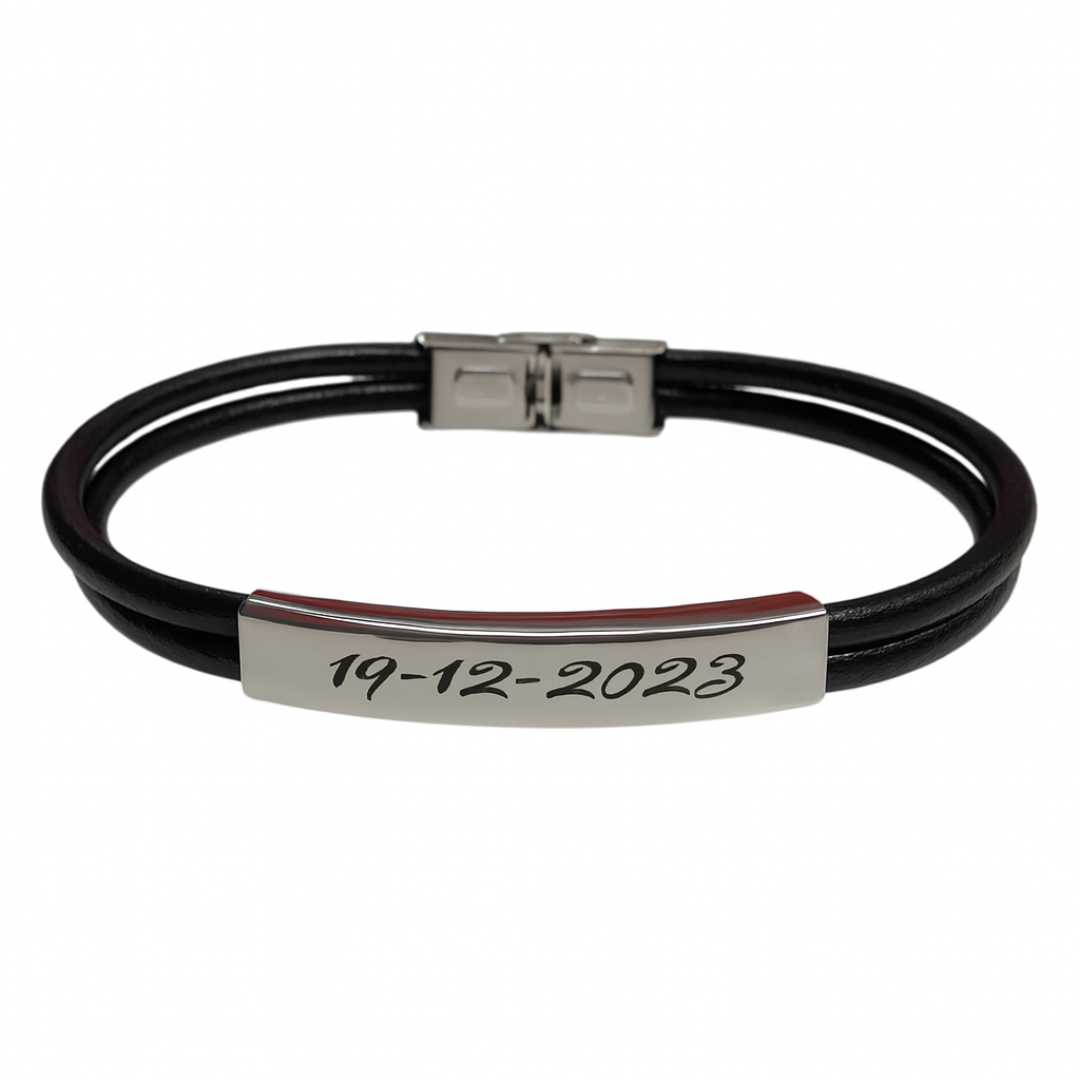 Pulsera de cuero y acero grabada con fecha
