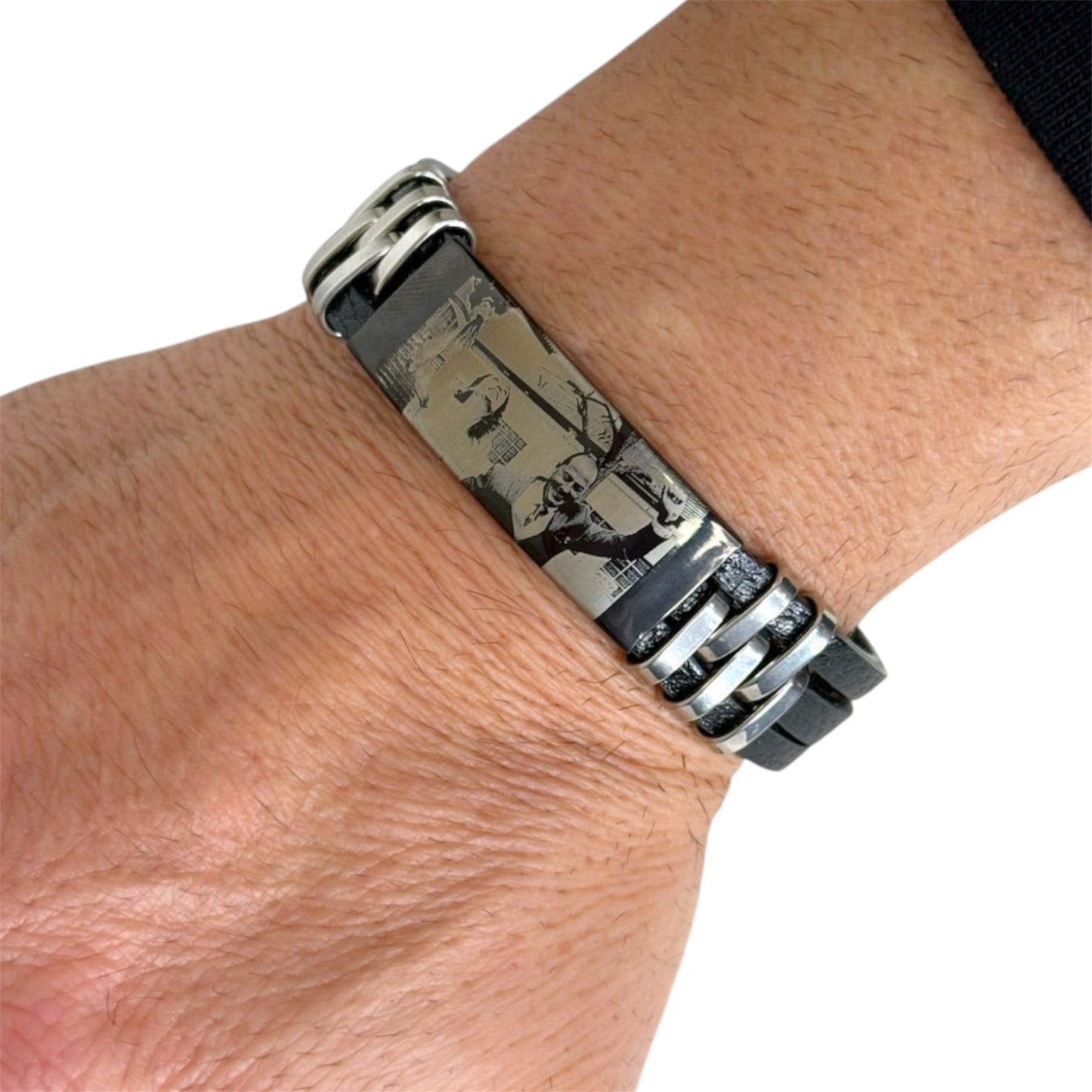 Pulsera de cuero negro personalizada con fotograbado de imagen en placa de acero