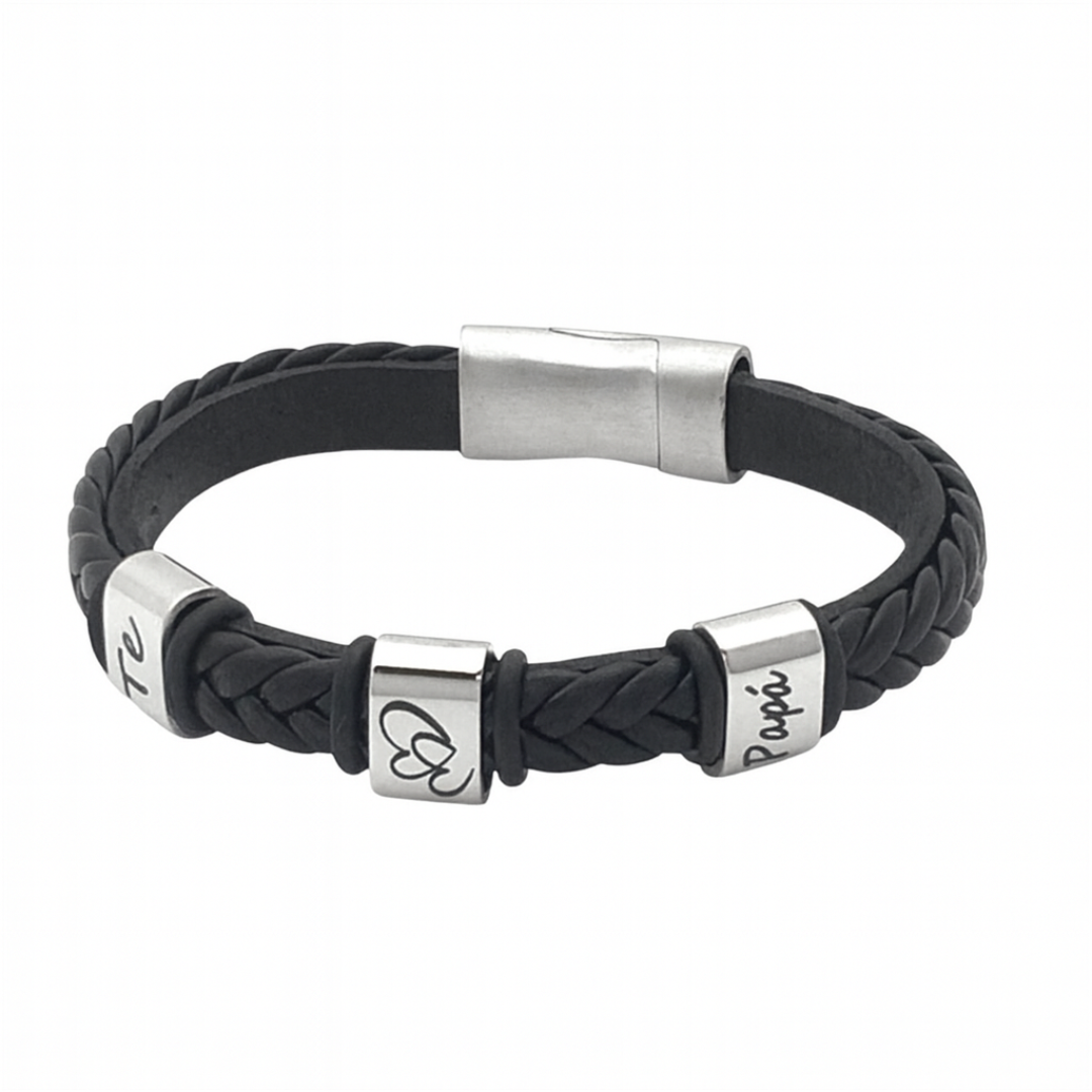 Pulsera personalizada de cuero trenzado negro con detalles en acero inoxidable grabados, diseño unisex de Sfinge.