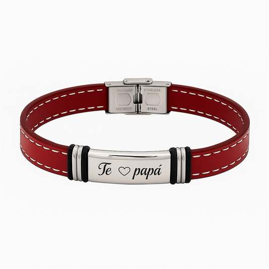 Pulsera de cuero rojo y acero con grabado “Te ❤️ Papá” – regalo emotivo de Sfinge Joyas.