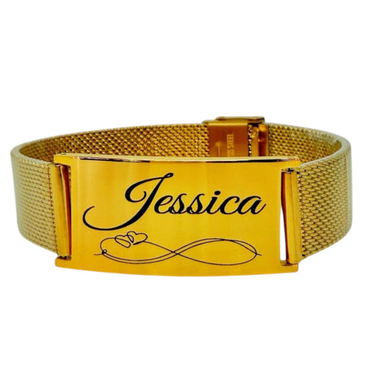 Pulsera personalizada de acero dorado con grabado de nombre – Sfinge
