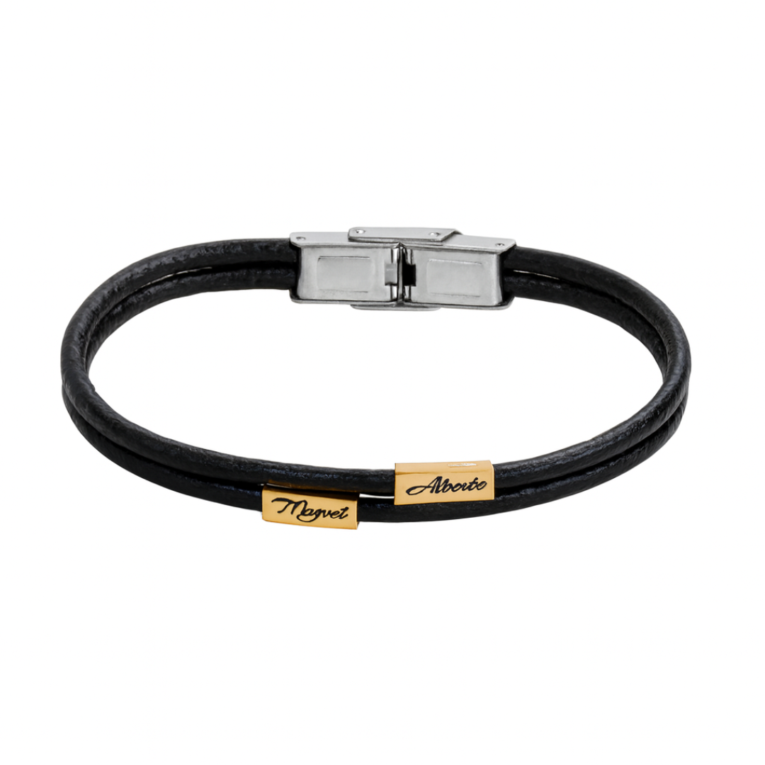 Pulsera unisex de cuero negro doble con avalorios dorados grabados en acero bicolor personalizada