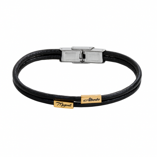 Pulsera unisex de cuero negro doble con avalorios dorados grabados en acero bicolor personalizada