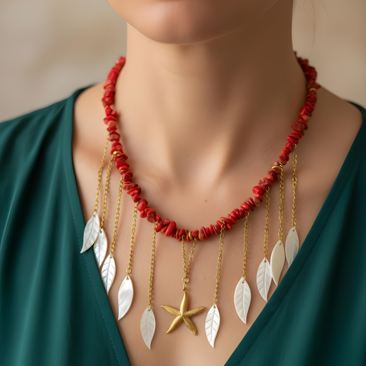 Collar de Coral con Caracola Natural | Gargantilla Acero Sfinge