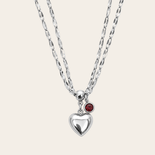 Gargantilla doble corazón abombado con circonita en acero inoxidable