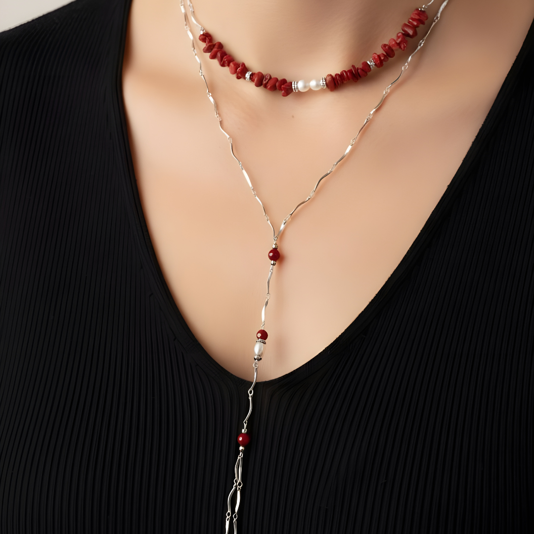 Gargantilla corbatera de coral y perlas naturales