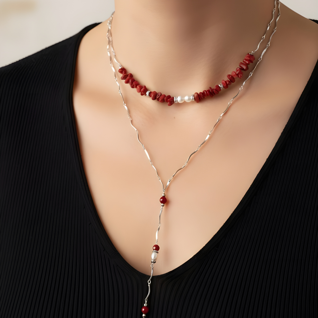 gargantilla corbatera con piedras naturales coral y perla