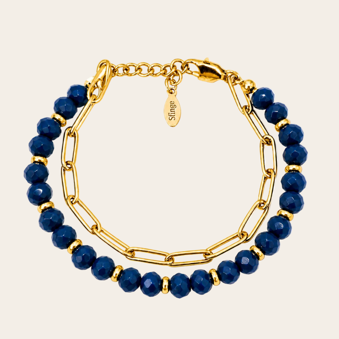 Pulsera de cristal checo azul facetado con cadena de acero inoxidable dorada Sfinge