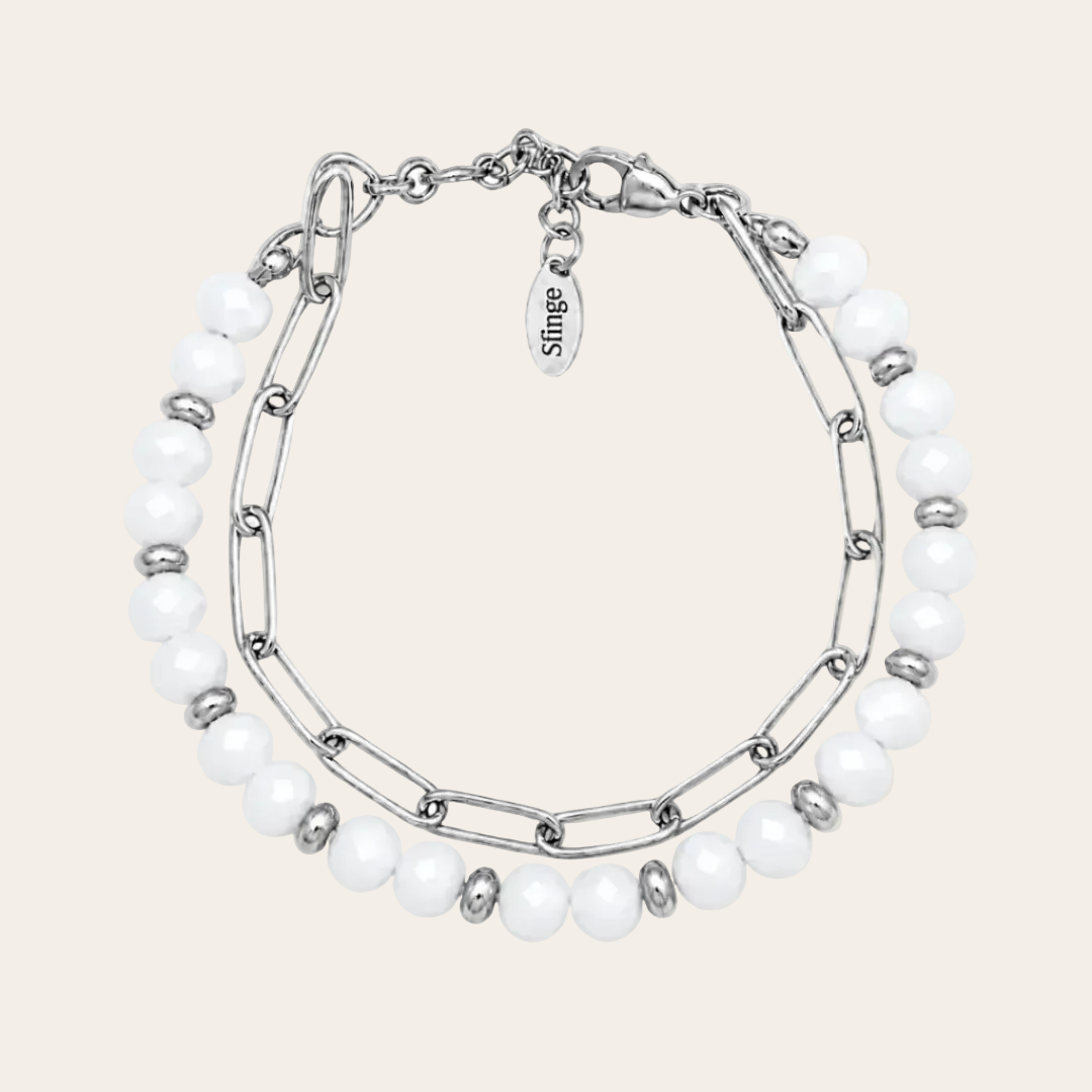 Pulsera plateada de acero inoxidable con cristal checo blanco amuleto de protección