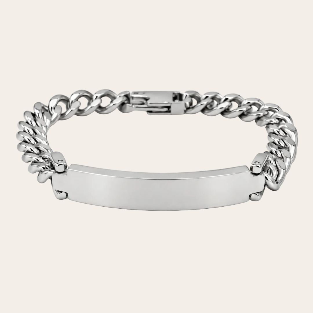 Pulsera de hombre personalizada Sfinge en acero plateado con placa para grabado y cierre premium