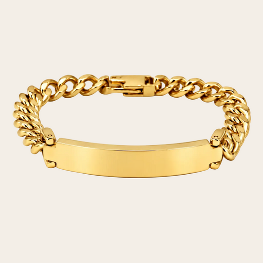 Pulsera de hombre personalizada Sfinge en acero dorado con placa para grabado 