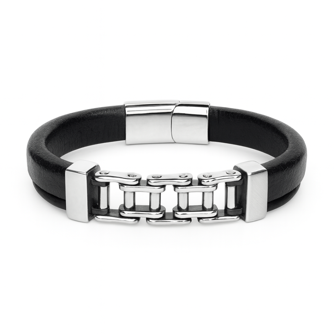 Pulsera de cuero y acero inoxidable con diseño de eslabones – Sfinge Joyas
