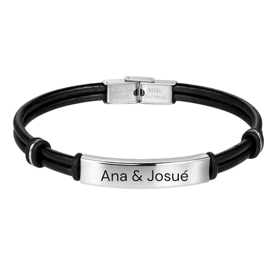 Pulsera personalizada de piel y acero con grabado láser – Regalo de Navidad Sfinge Joyas