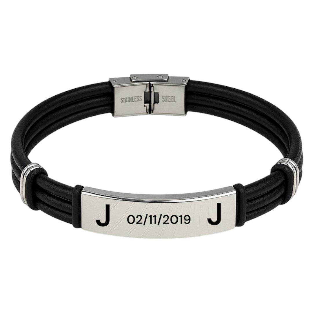 Pulsera personalizada de piel y acero plateado con grabado – Sfinge Joyas