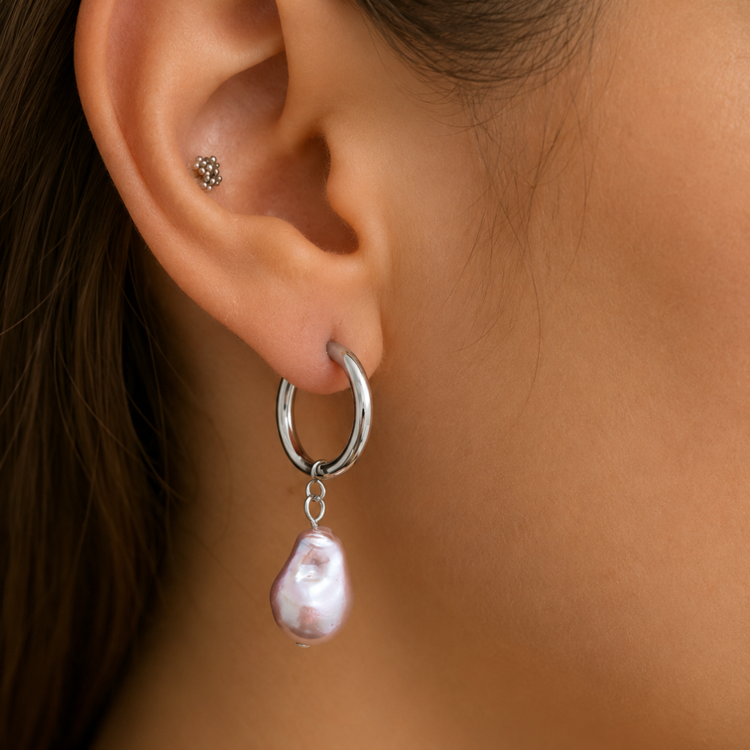 Pendientes de aro con nácar barroco iridiscente rosa Sfinge de acero inoxidable plateado