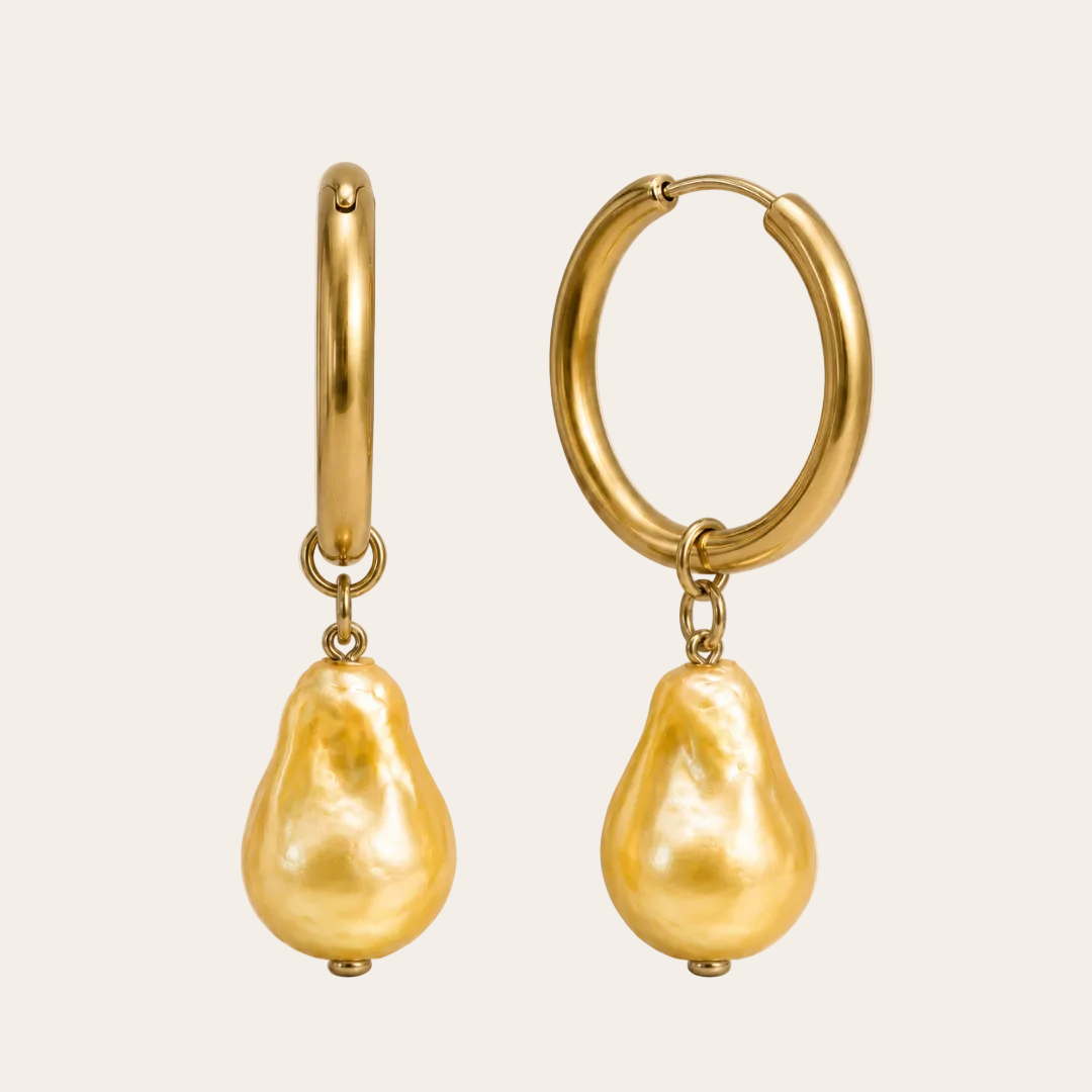 Pendientes de aro con colgante de nácar barroco iridiscente, acero inoxidable baño de oro, Sfinge