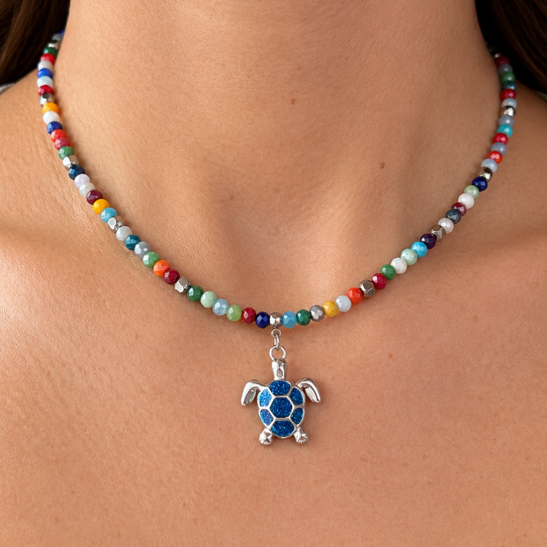 Collar Aura Marina con cristales checos multicolor y tortuga esmaltada brillante Sfinge Joyas