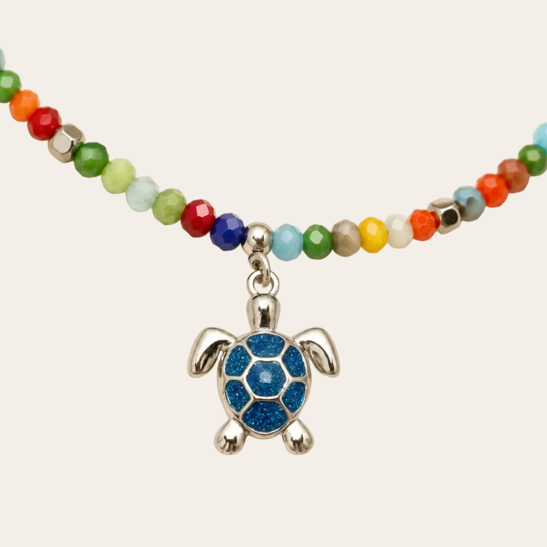 Collar Aura Marina con cristales checos multicolor y tortuga esmaltada brillante Sfinge