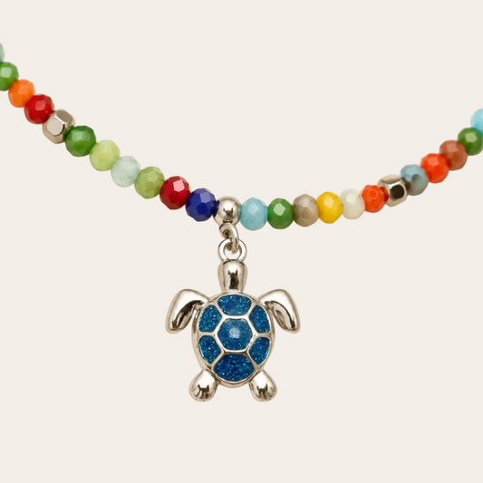 Collar Aura Marina con cristales checos multicolor y tortuga esmaltada brillante Sfinge