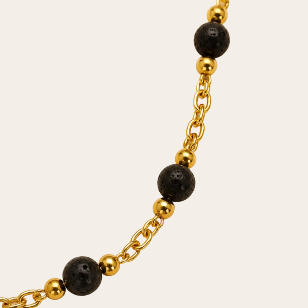 Tobillera de hombre de acero inoxidable con piedra volcánica y bolas, Sfinge joyas (plateada/baño de oro).