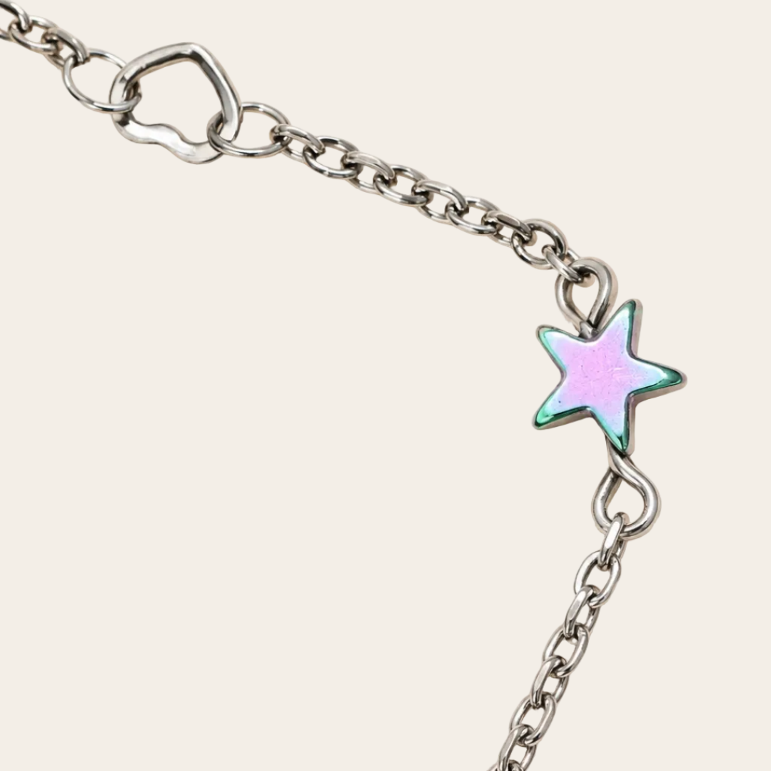 tobillera con corazon y cadena de acero inoxidable con estrella de piedra hematita, sfinge