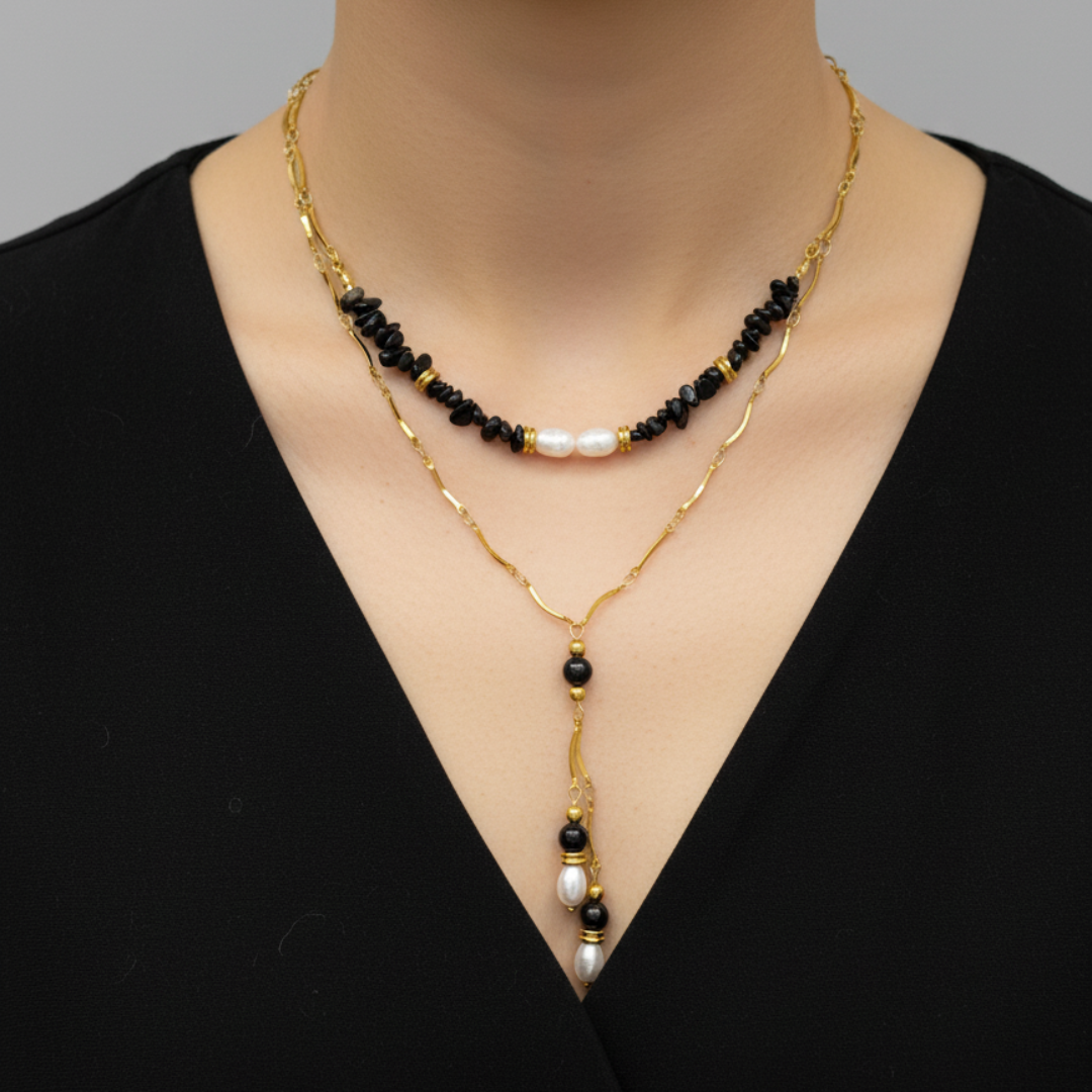 Gargantilla de Ágata Negra y Perla de Agua Dulce – Acero Dorado o Plateado