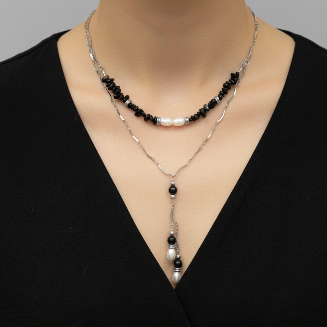 Gargantilla de Ágata Negra y Perla de Agua Dulce – Acero Dorado o Plateado