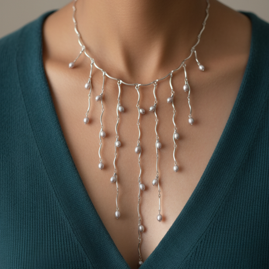 Gargantilla de plata con cascada de perlas en modelo – Sfinge Joyas