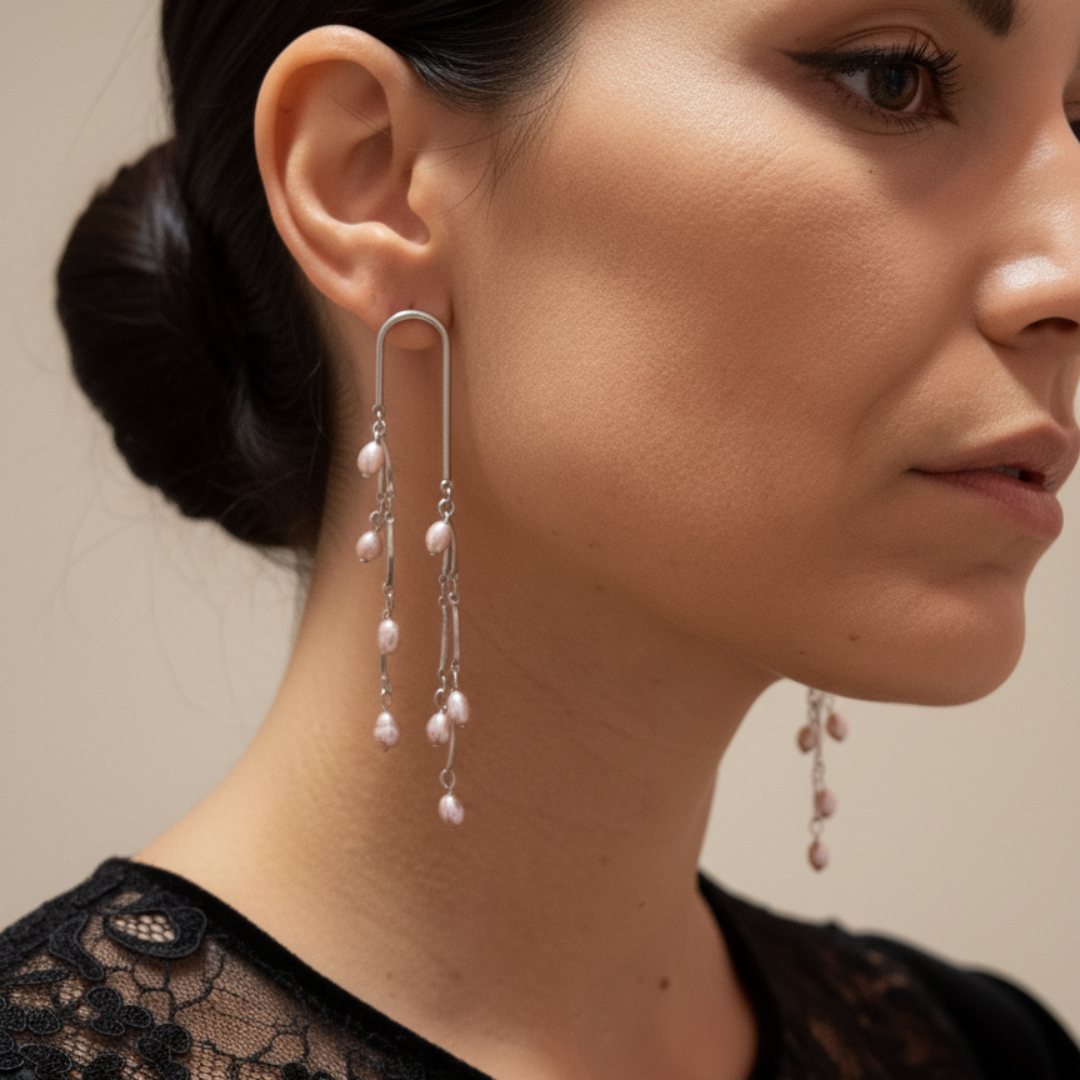 Pendientes largos de acero con perlas naturales en modelo – Sfinge Joyas