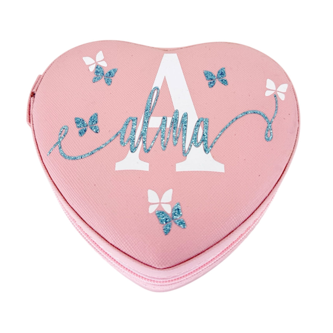 Joyero en forma de corazón rosa con nombre Alma y mariposas en glitter azul