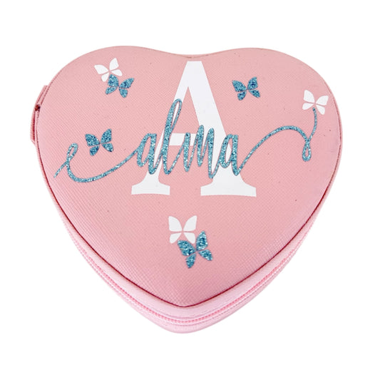 Joyero en forma de corazón rosa con nombre Alma y mariposas en glitter azul