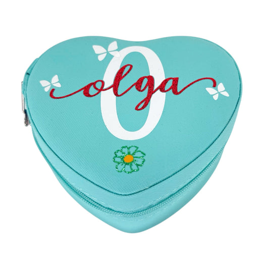 Joyero corazón turquesa personalizado con nombre Olga y mariposas blancas