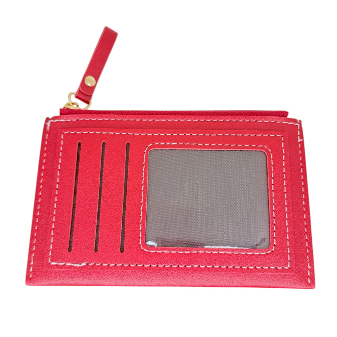 Vista trasera del monedero tarjetero personalizado rojo con ranuras para tarjetas y ventana para documento