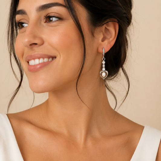 Pendientes corazón con perla natural y circonitas en acero