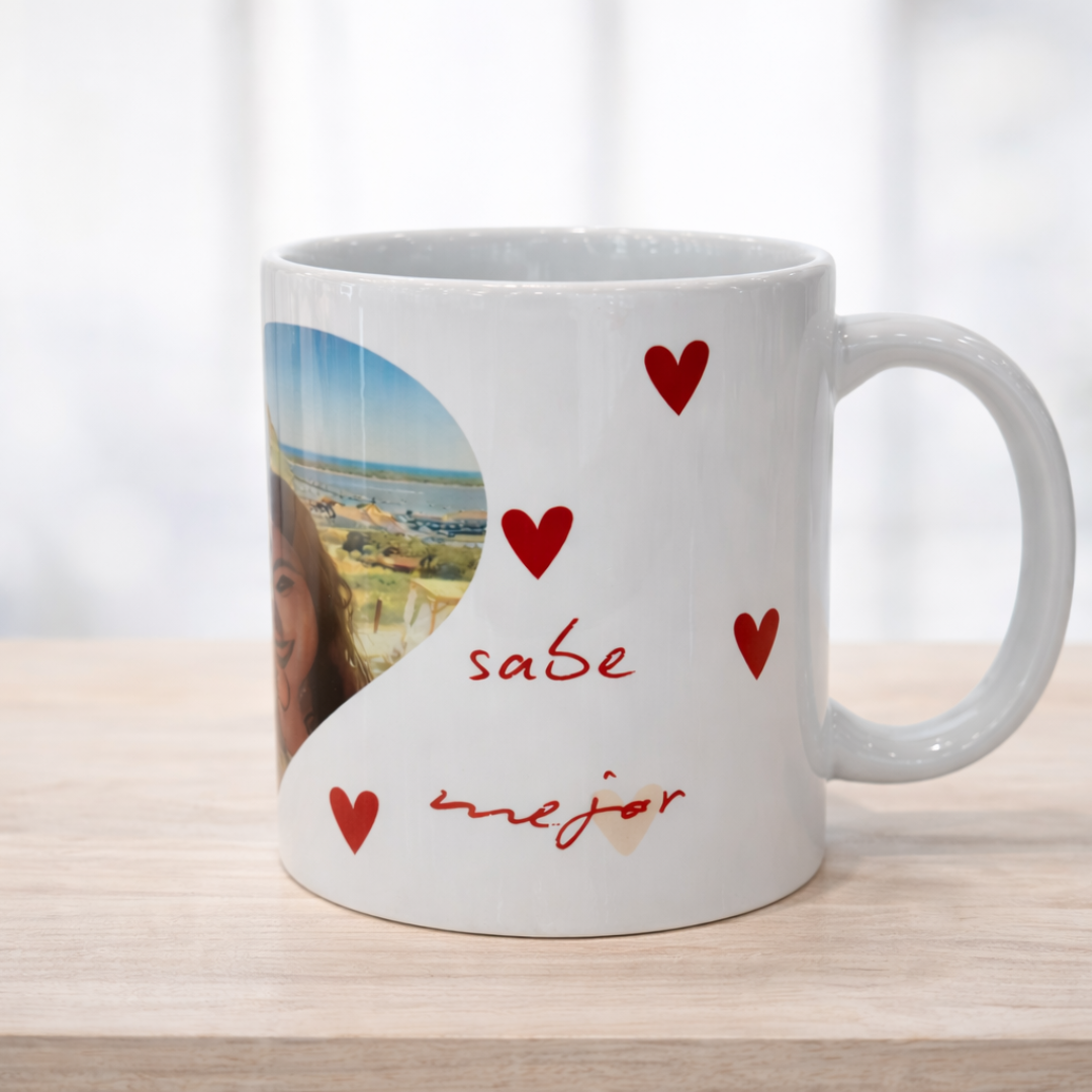taza regalo personalizada con foto y corazones cerámica orca