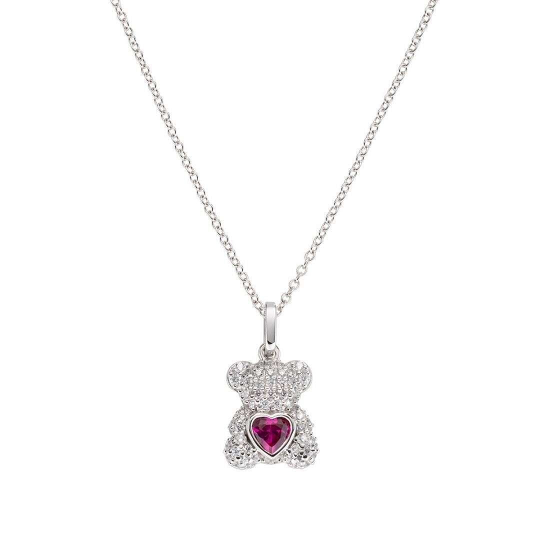 Collar oso de plata con corazón rojo y circonitas – Regalo de Navidad