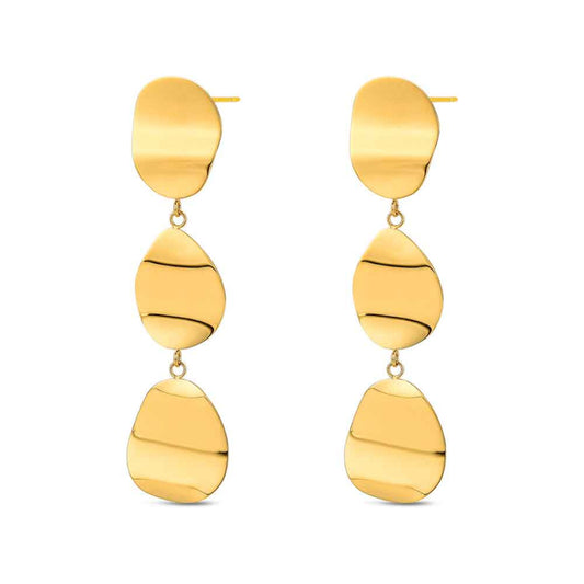 Pendientes largos dorados Rocío Martín con discos irregulares, en acero 316 chapado en oro 18K, waterproof y cierre presión.