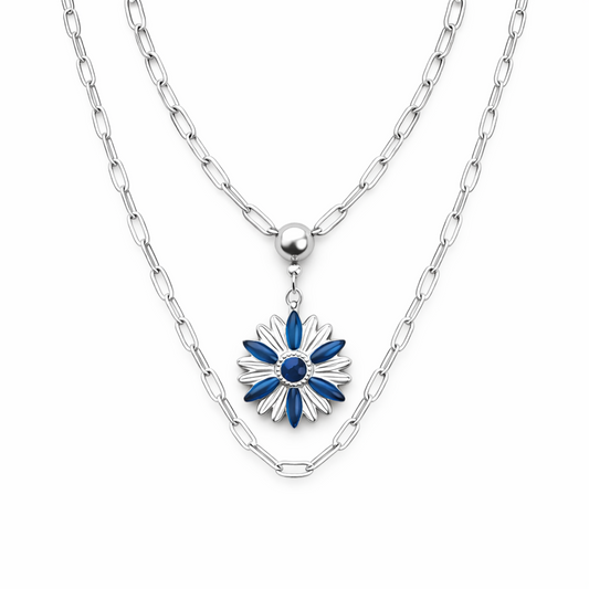 Gargantilla doble con colgante flor azul en acero inoxidable Sfinge