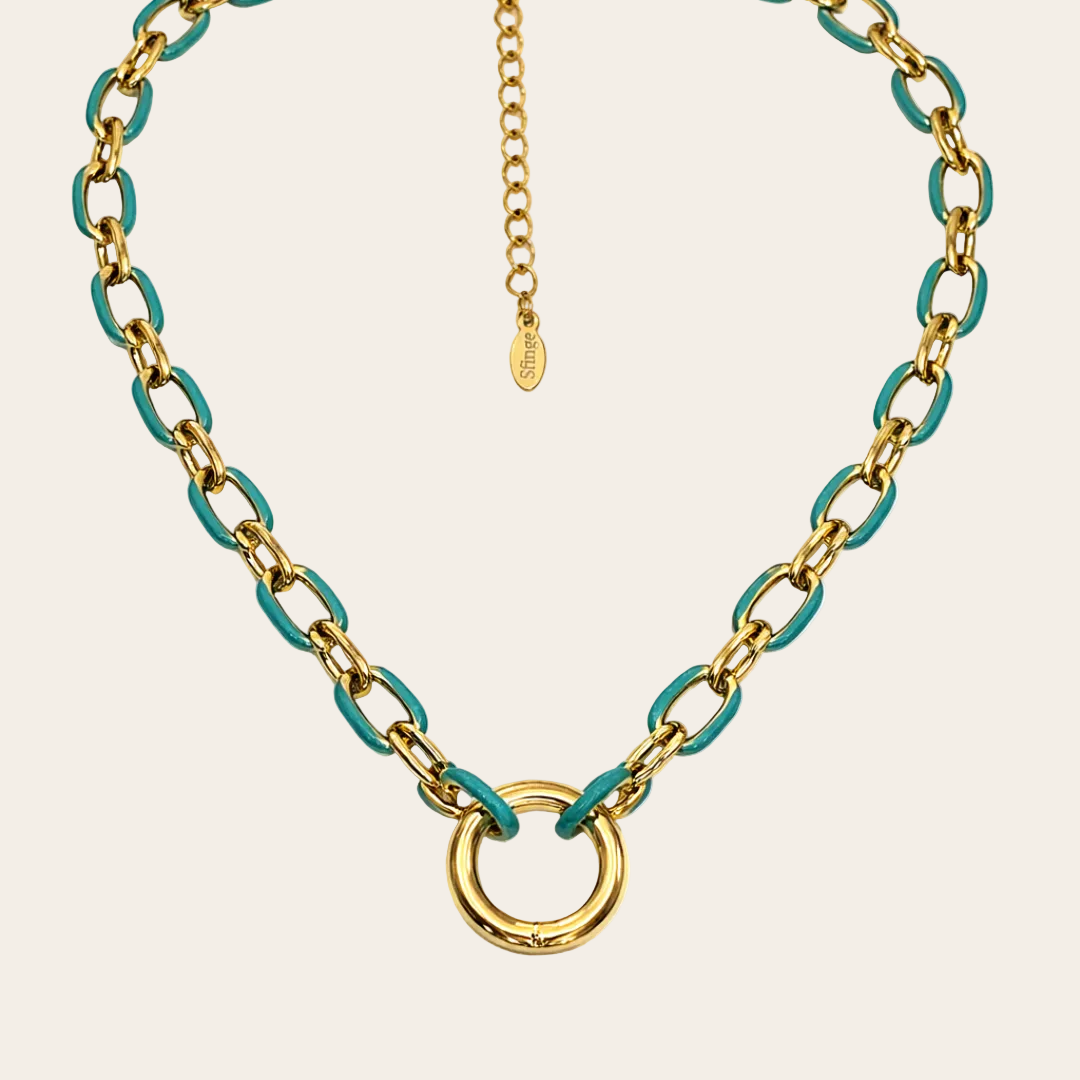 collar de acero dorado esmaltado verde agua sfinge