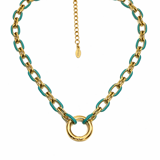 collar de acero dorado esmaltado verde agua sfinge