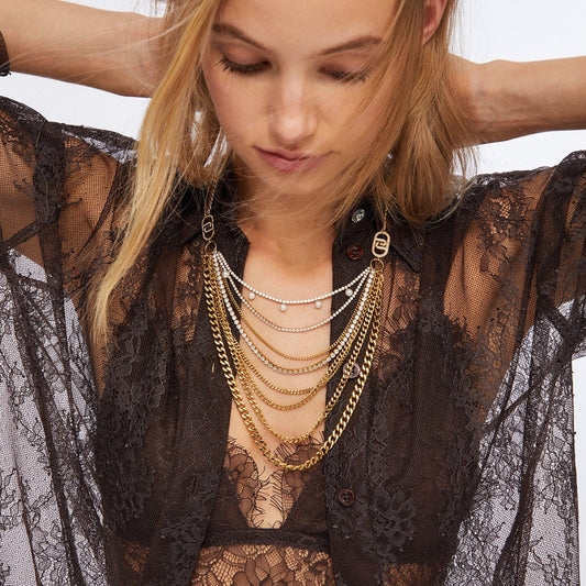 Collar largo múltiple Liu Jo dorado con monograma y brillantitos