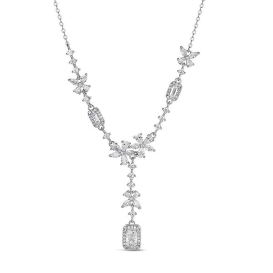 Collar de plata rodiado con flores de circonitas y colgante rectangular – joya elegante para eventos y regalos especiales – Sfinge